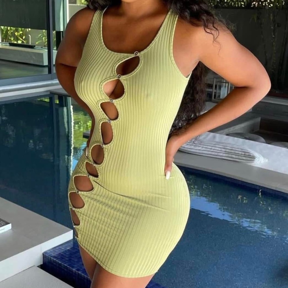 Slim Mesh Cutout Tank Mini Dress - Lime Green